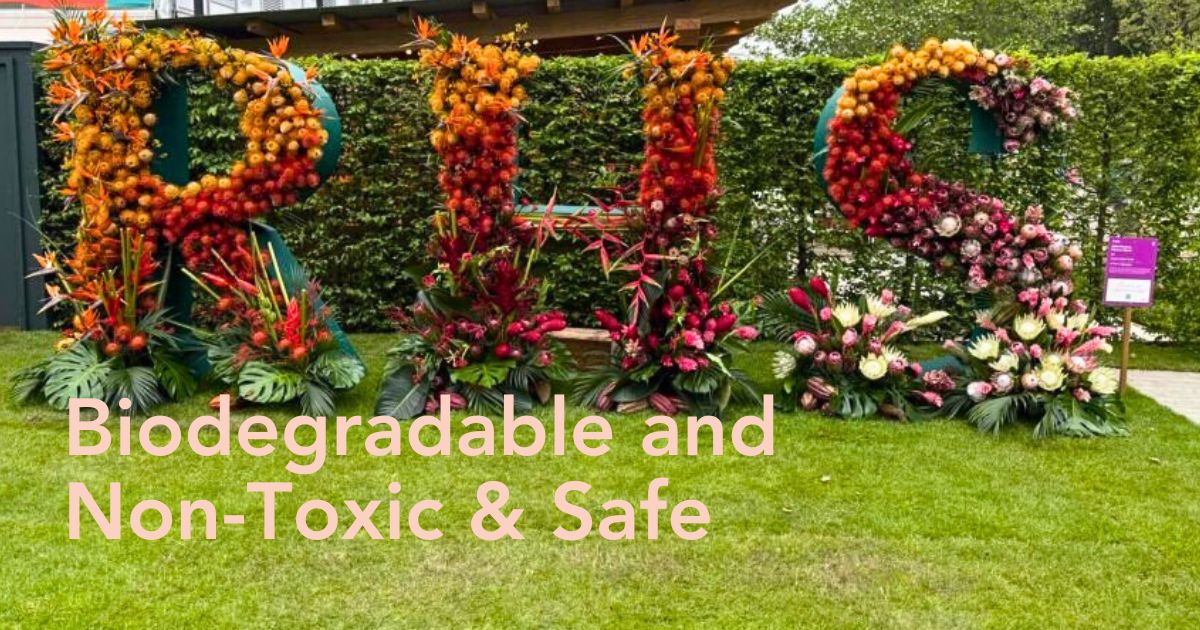 Acacia Creative Studio foam-free floral installation spelling RHS at Chelsea Flower Show