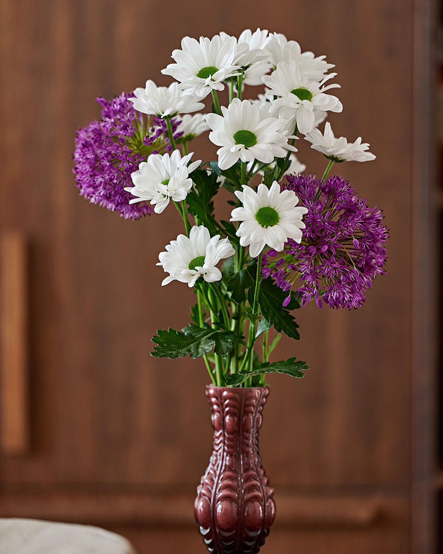 Chrysanthemum Chic with Allium in a vase