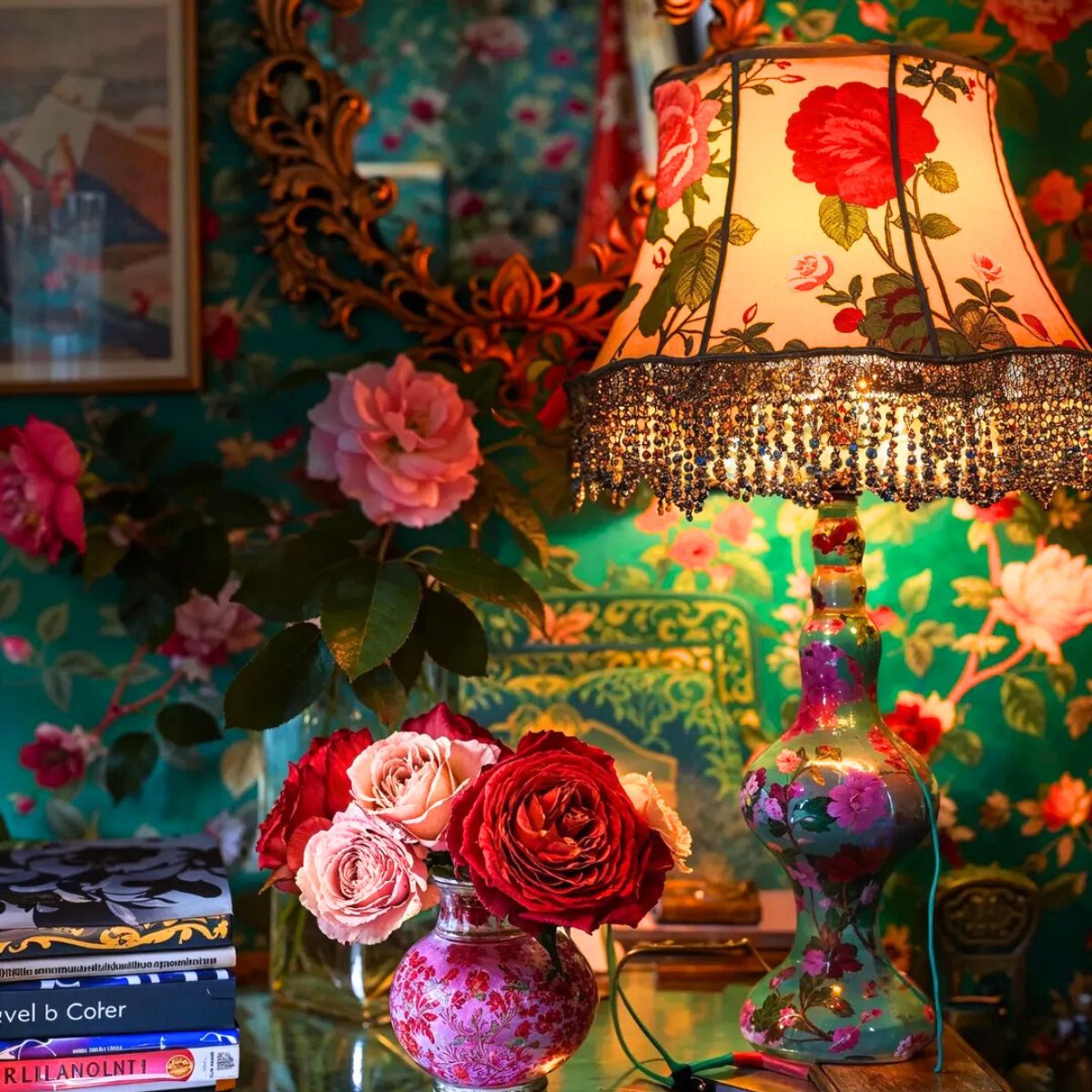 The perfect lamp setting with flowers made with aI The perfect lamp setting with flowers made with aI