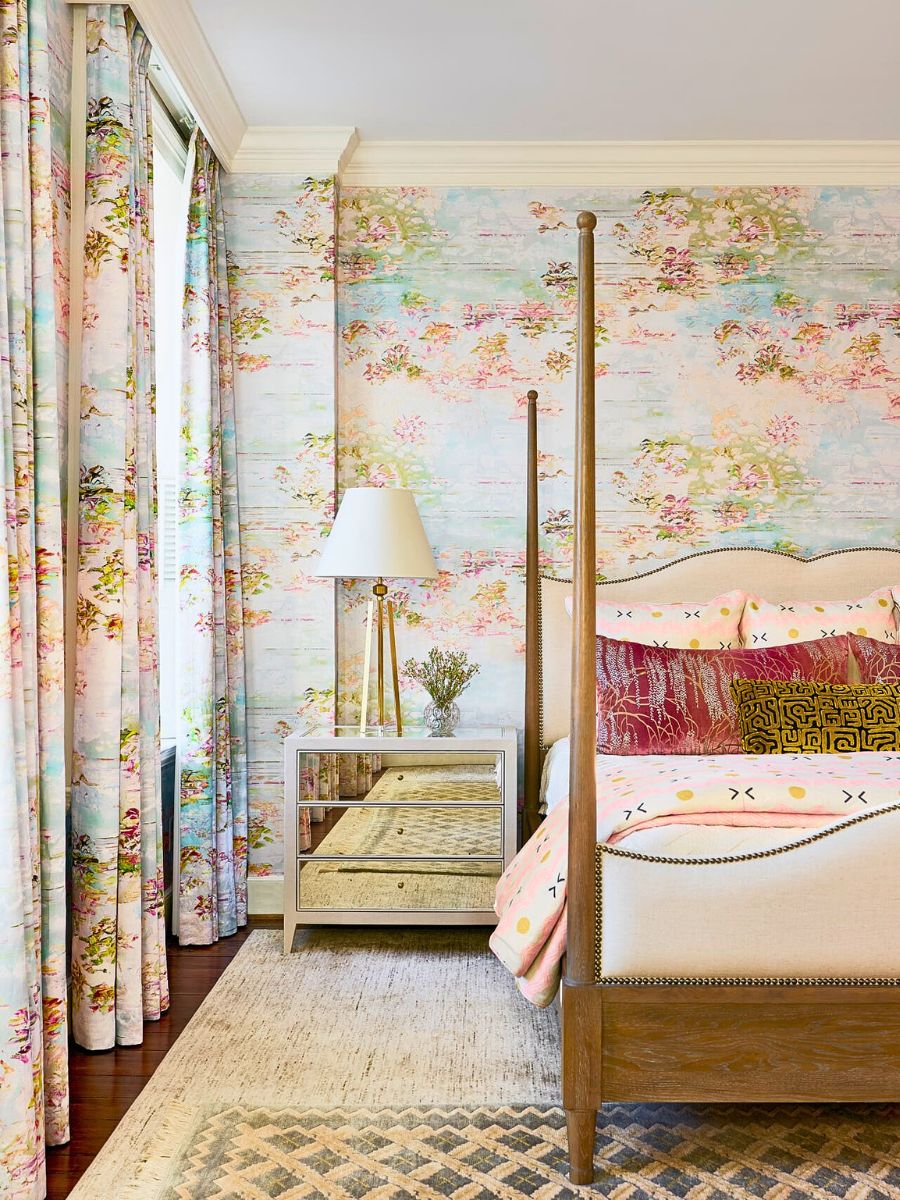 Floral curtains that match with bedroom wallpaper
