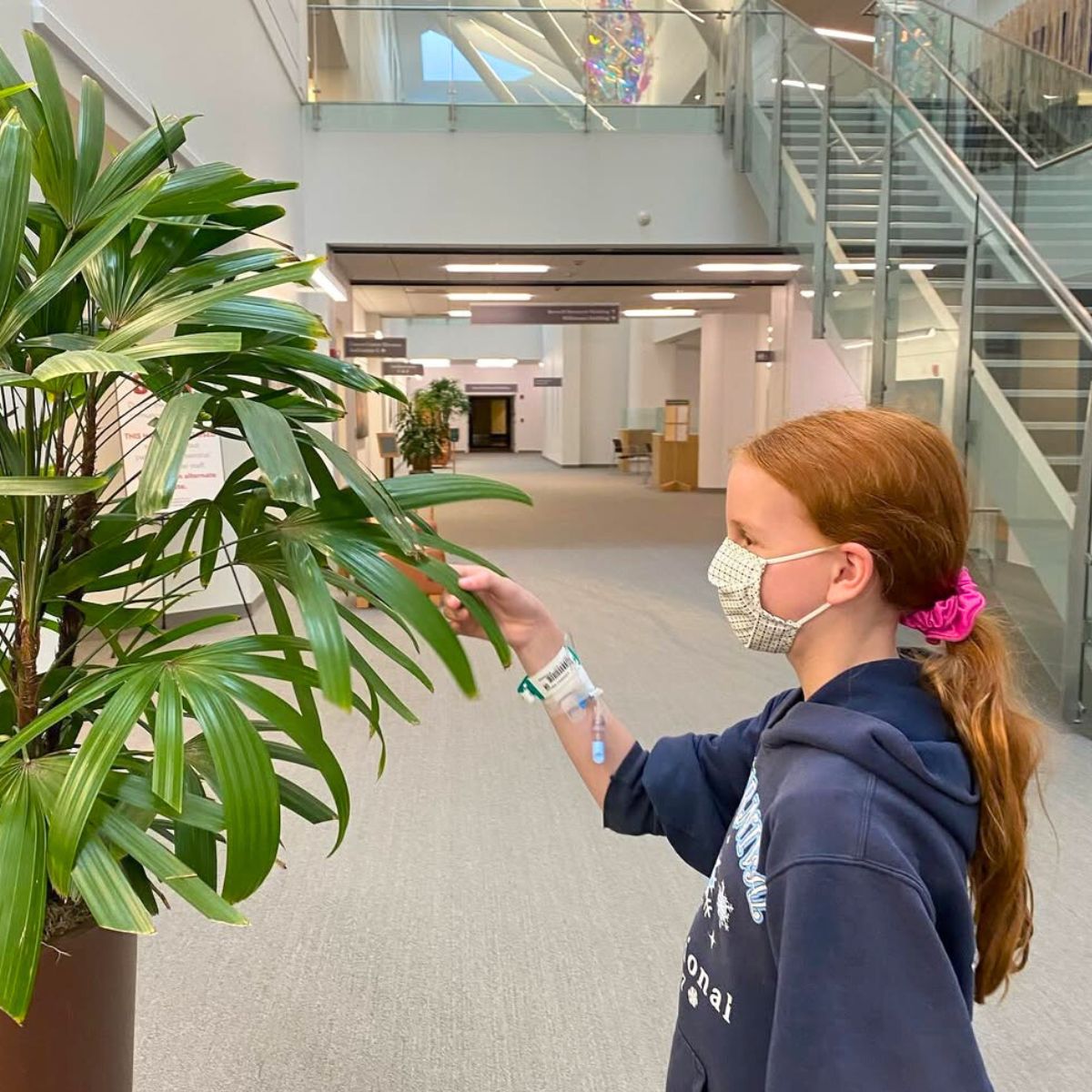A girl touching a plant in a hospital A girl touching a plant in a hospital
