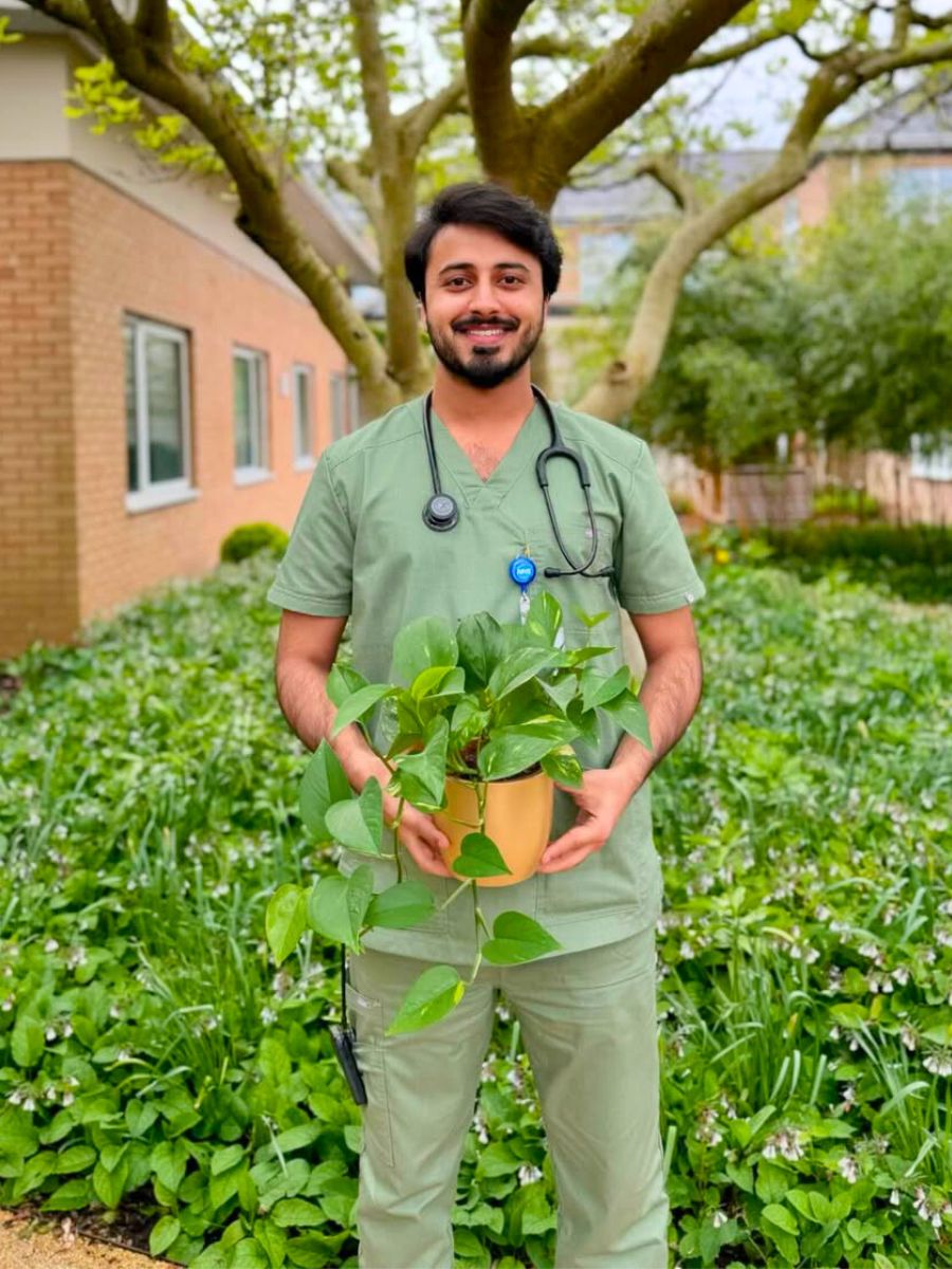 A doctor with a pothos plant A doctor with a pothos plant