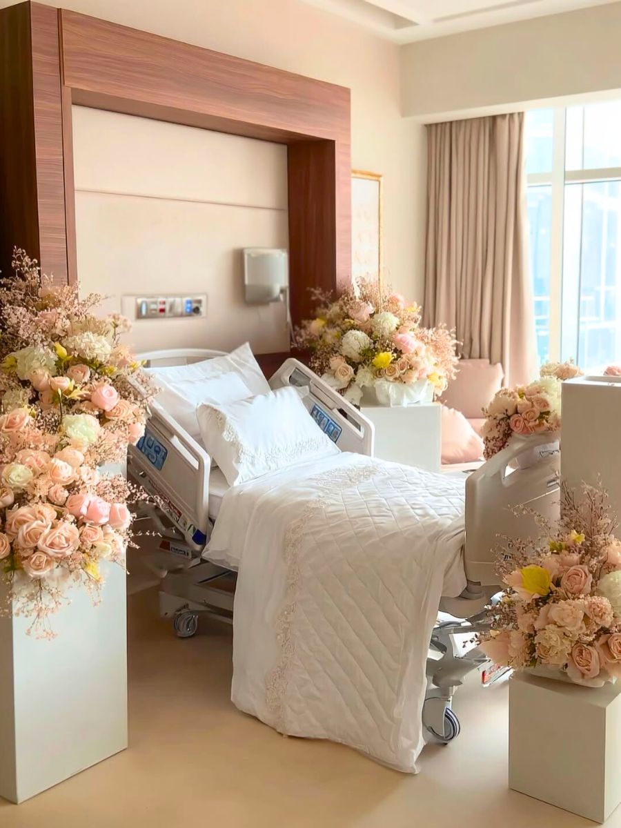 A hospital room decorated with flowers A hospital room decorated with flowers