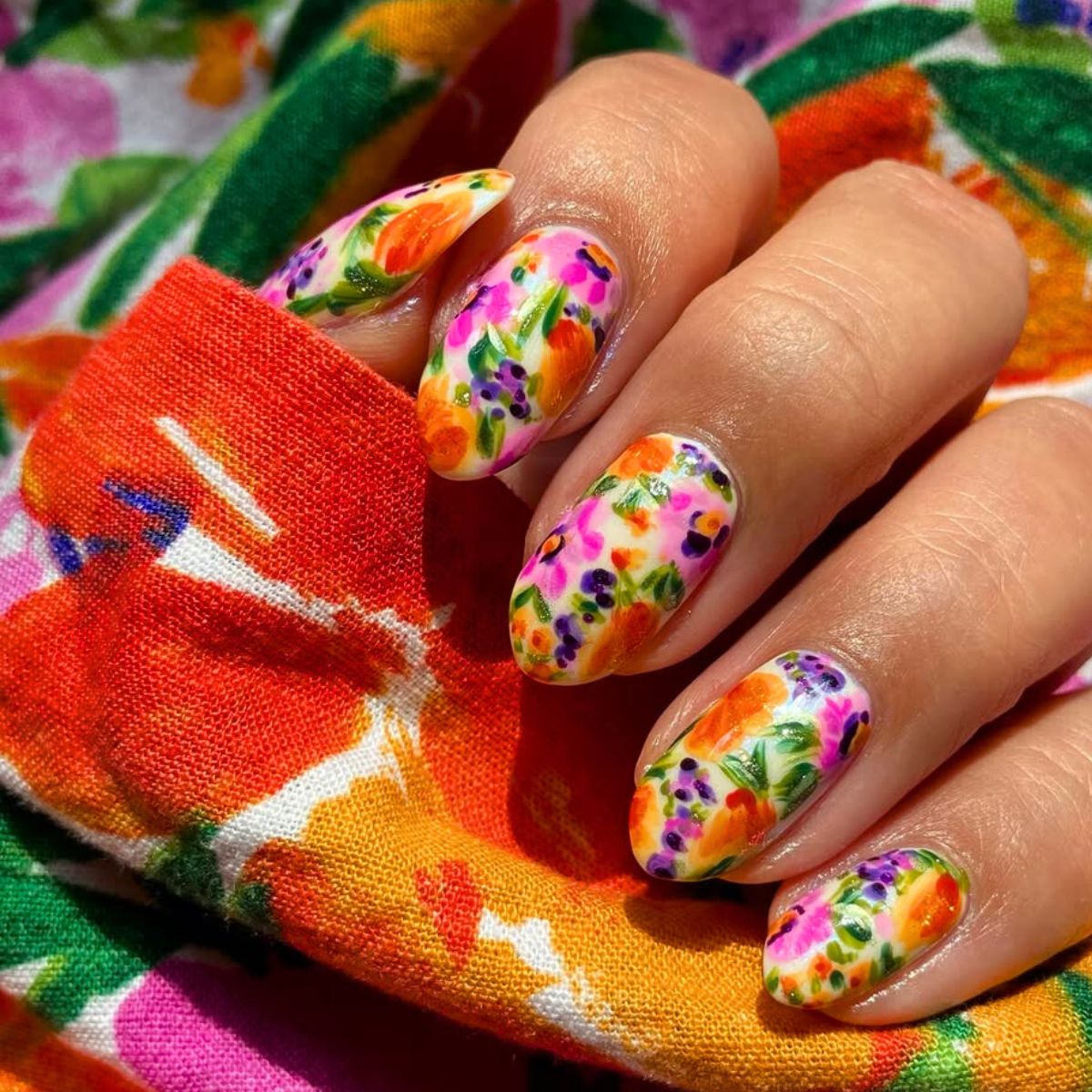 Colorful floral filled nails
