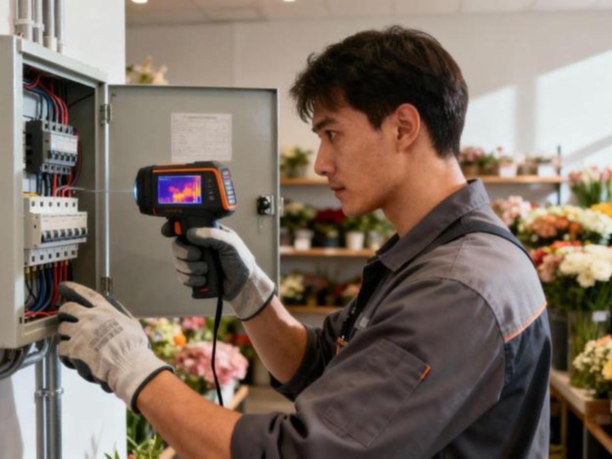 Technician inspects flower shop electrical panel