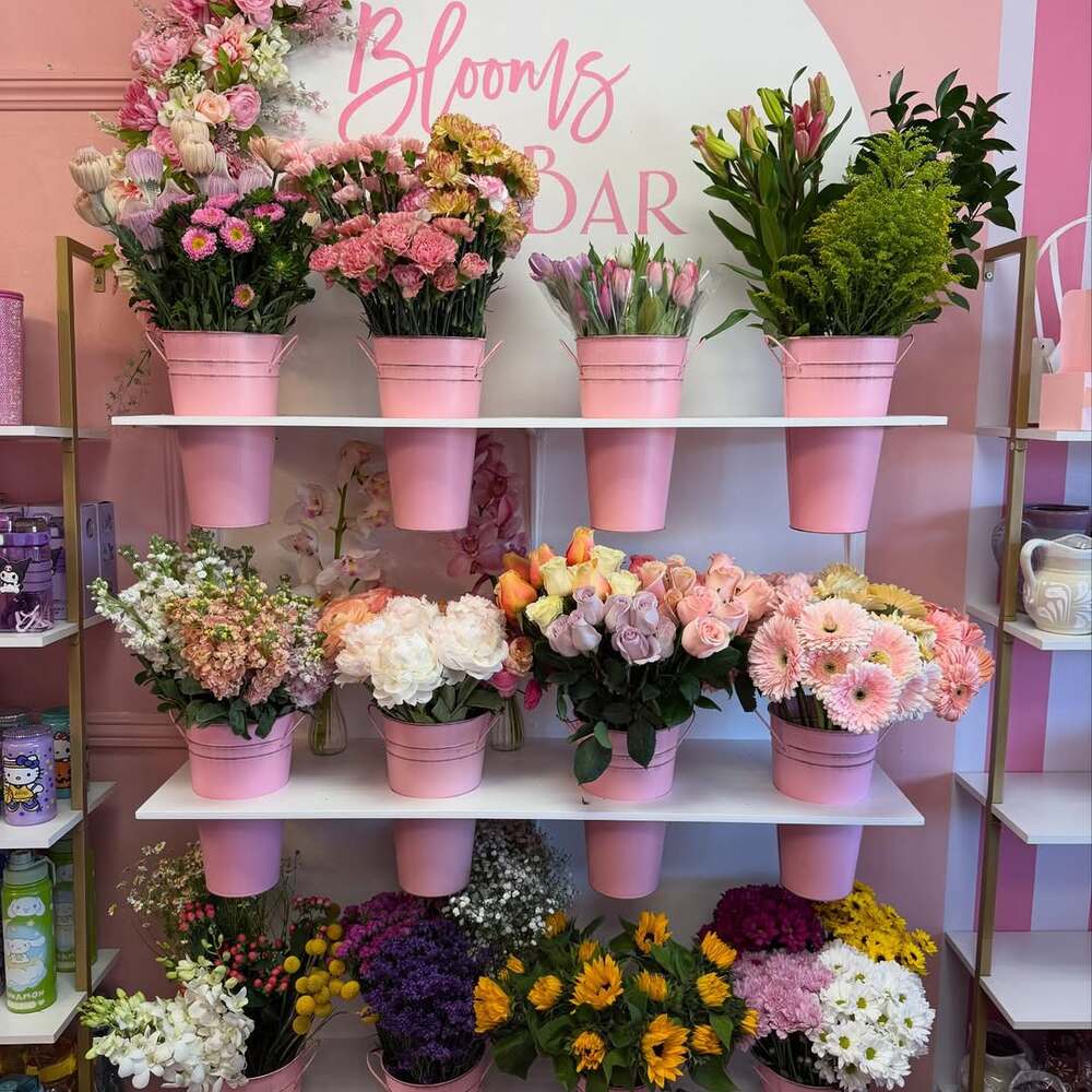 Colorful flower bar display in pink