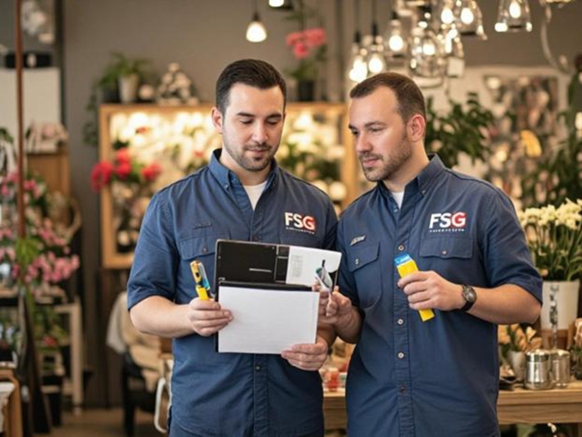 Maintenance workers review checklist in flower shop