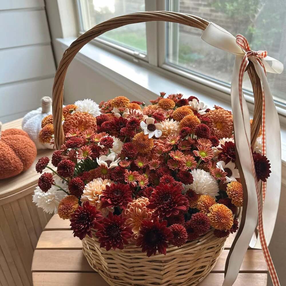 Basket of autumn-colored chrysanthemum flowers