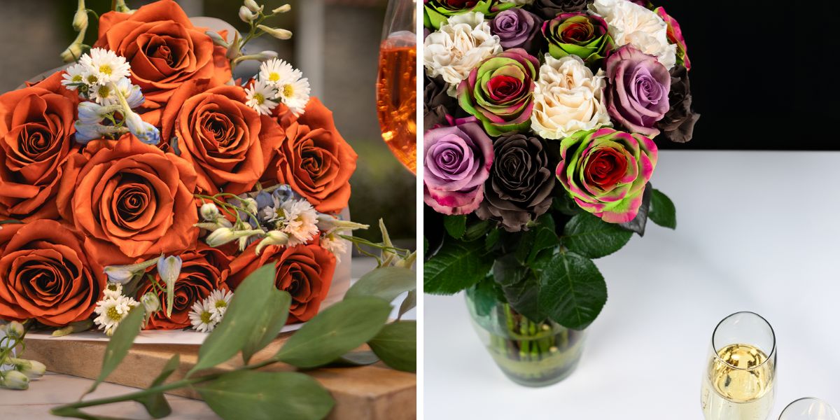 Two types of wedding arrangements with tinted roses