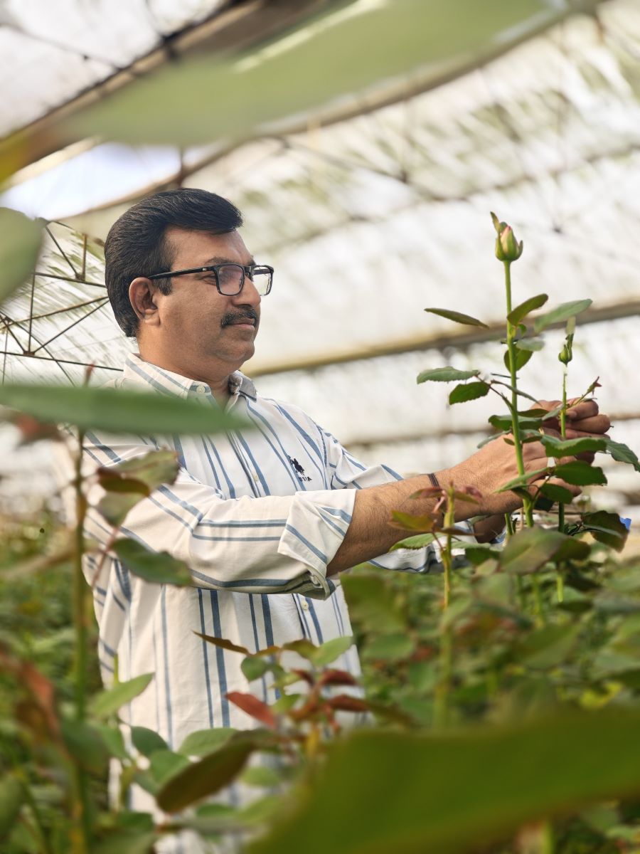 Mr Narendra Patil observing the plants and flowers grown in Soex Flora greenhouse