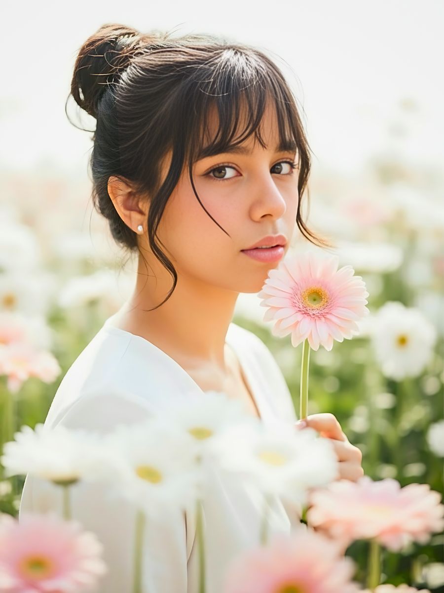 woman holding a beautiful pink gerbera