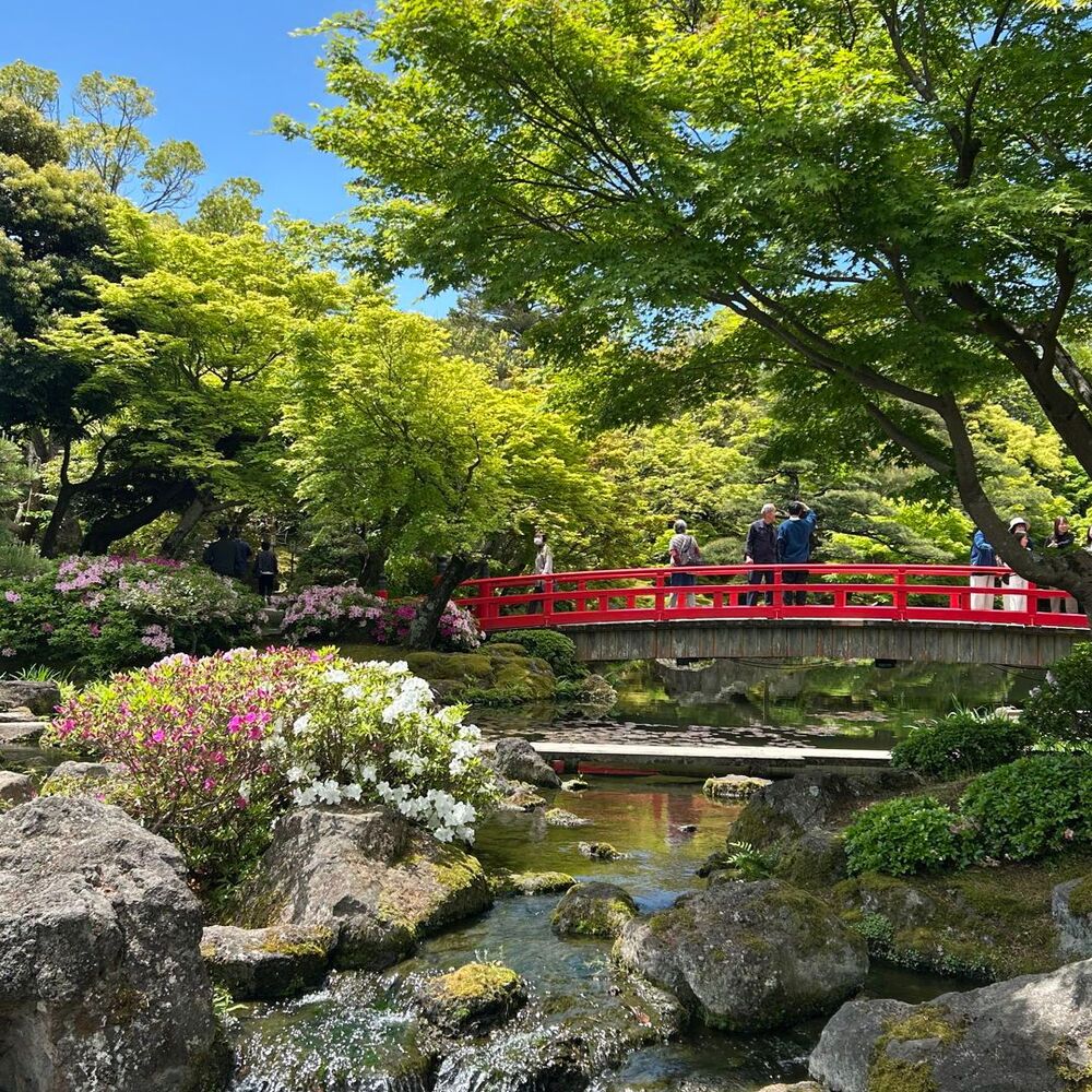  Red bridge, stream, lush garden