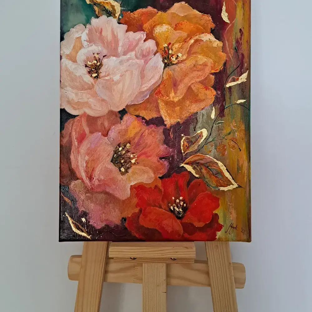  Close-up floral oil painting on easel