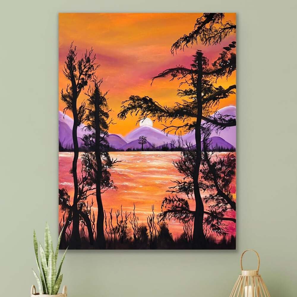  Sunset landscape canvas, trees silhouette