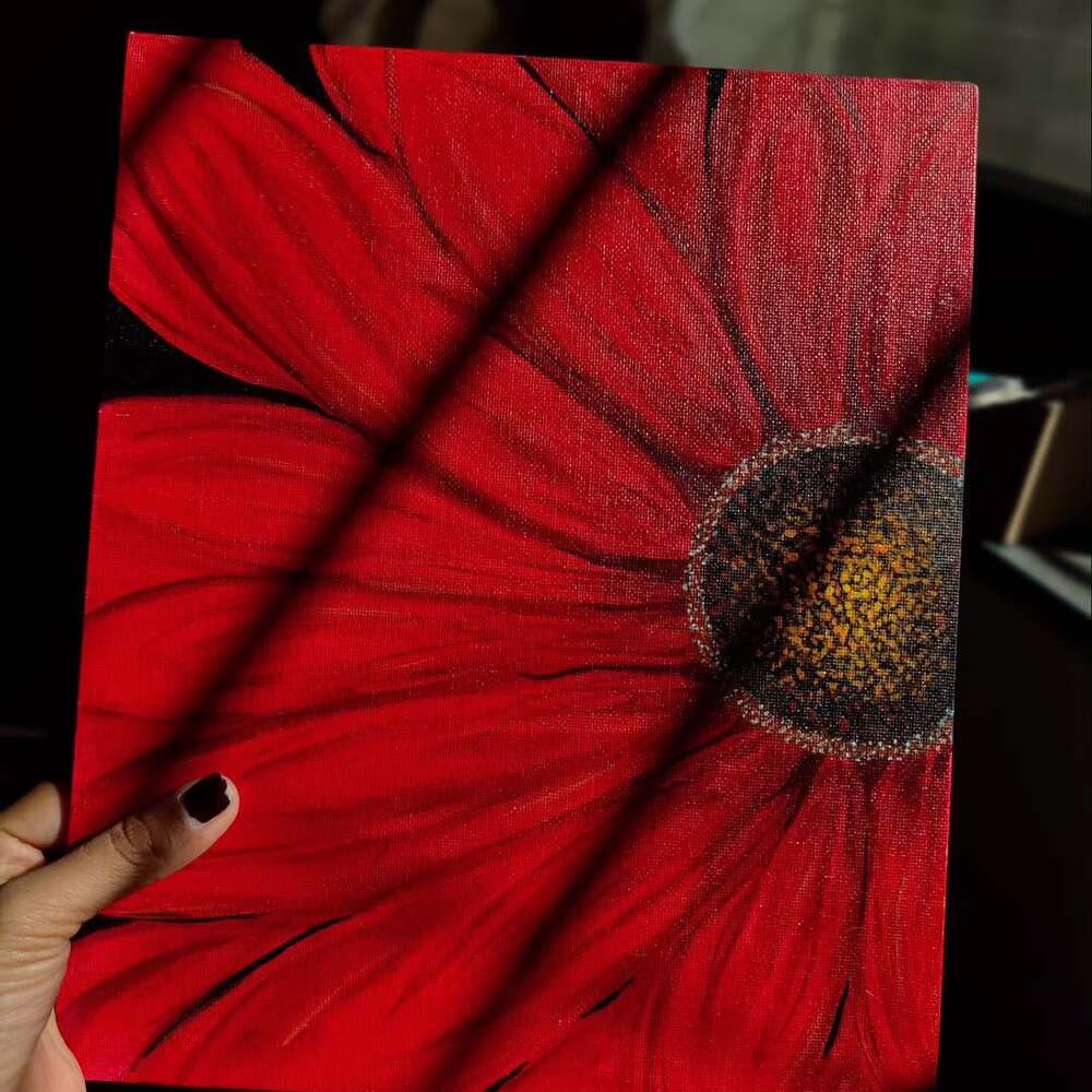 Close-up red floral canvas painting