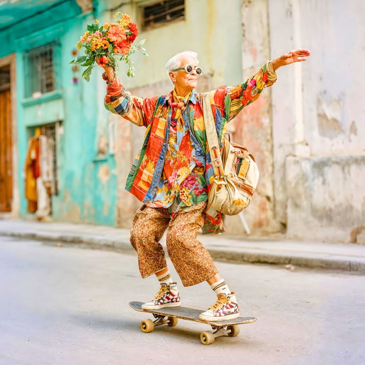 Man on skateboard with flowers AI