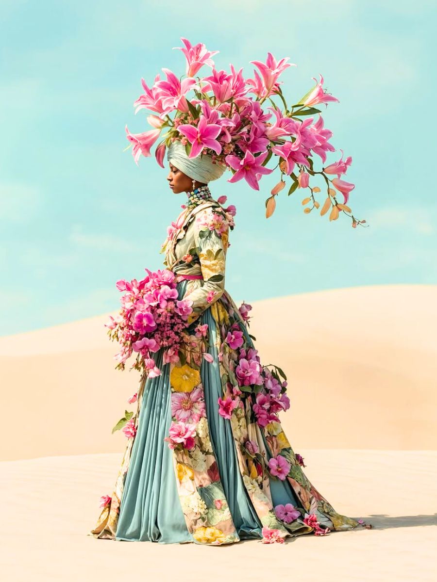 Woman in the desert with pink lilies