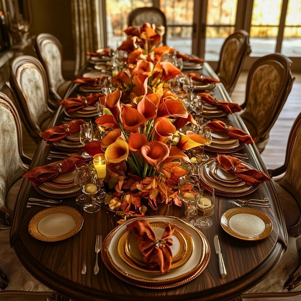 Dinner table adorned with calla centerpiece