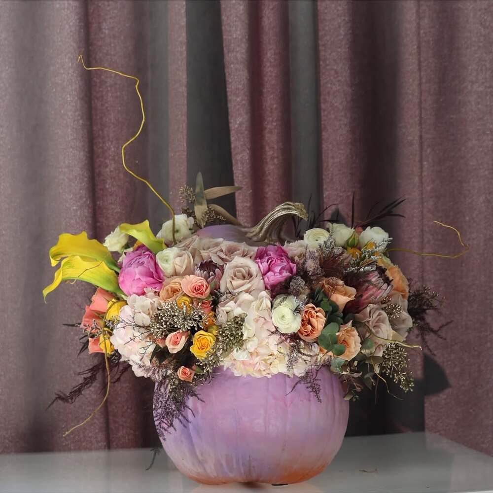  Pumpkin vase flower arrangement, purple