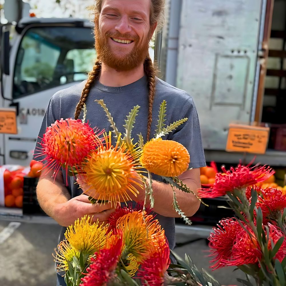 a florist exhibiting Leucospermum Cordifolium and Banksia in a bouquet