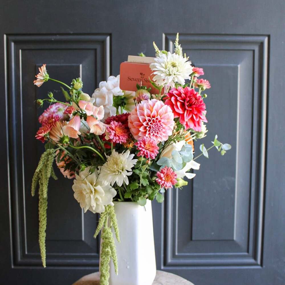  Seasonal Bouquet in Vase on Wood
