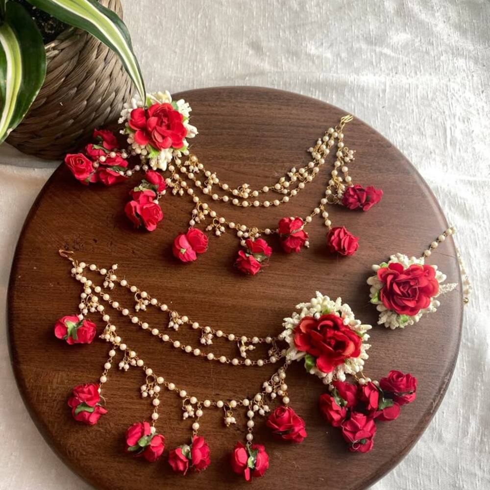 Red floral and pearl bridal jewelry